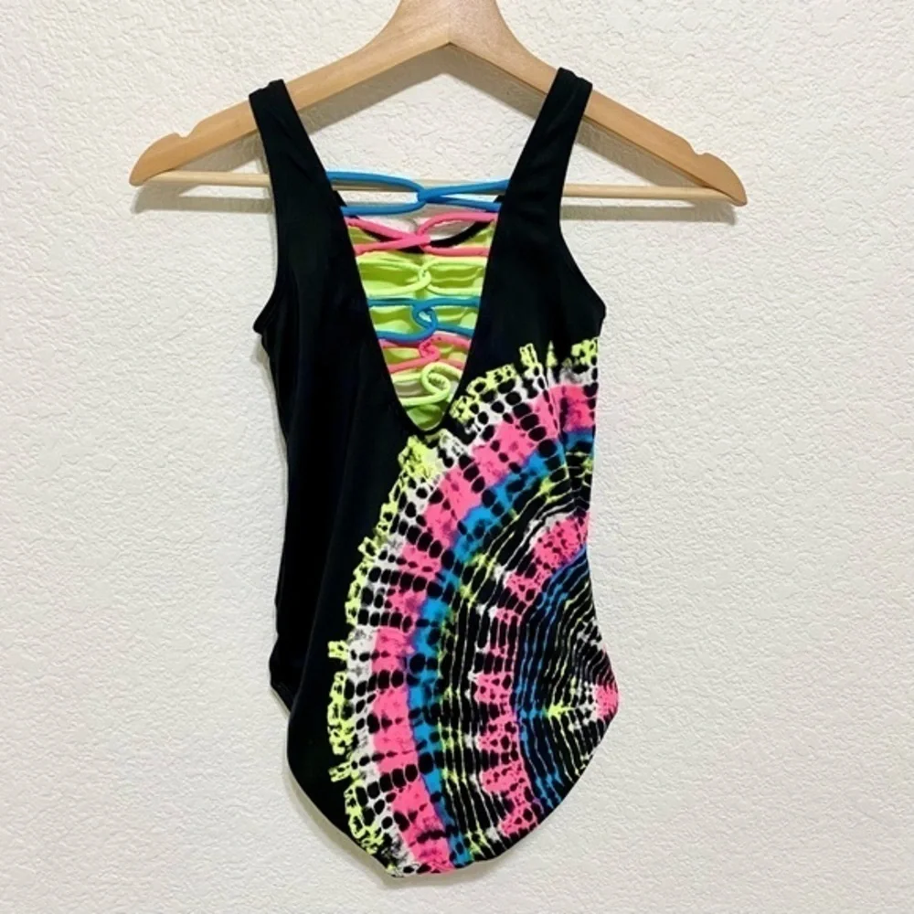 Justice girls one piece swimsuit black with pink blue yellow neon tie dye 8